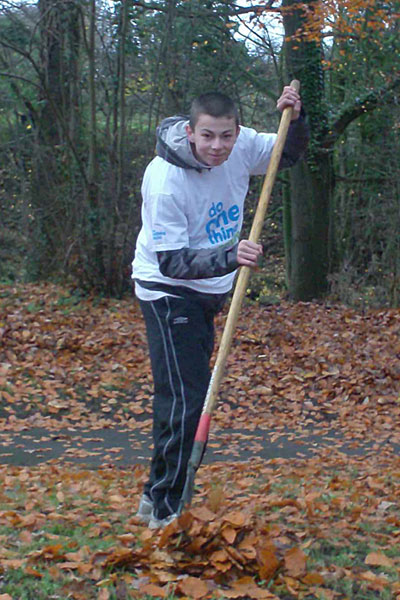 Young boy raking