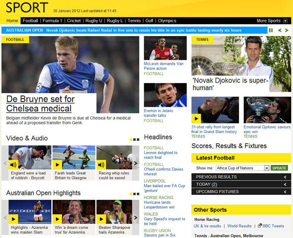 BBC Sport's new homepage as per the February 2012 relaunch