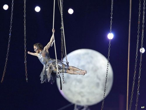 A performer suspended in midair during the opening ceremony for the Paralympics 2012