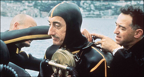 Jacques Cousteau getting prepared for a dive
