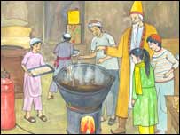  پرده دار او ماشومان د ماچې پخولو کارخانه کې