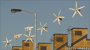 Wind turbines on row of houses