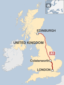 A map showing the A1 and our planned route on day one of the trip