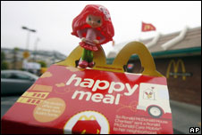 Happy Meal with toy outside a McDonald's restaurant
