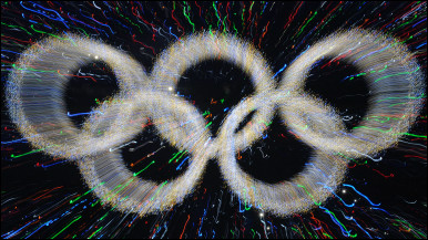 Olympic rings are illuminated at the 2008 Beijing Olympics 