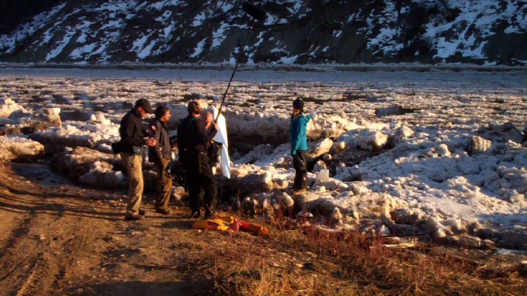 23 Degrees production team and Kate Humble near the Hay river