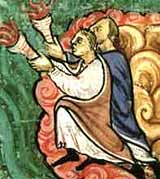 Detail of painted angels on an Anglo-Saxon manuscript