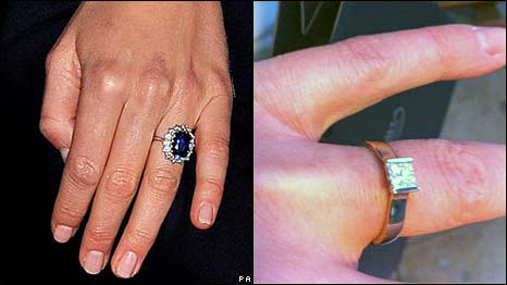Kate Middleton's engagement ring on her finger (left), and Jennifer's engagement ring on her finger