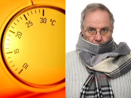 First half: Thermostat turned to a high temperature. Second half: Man wrapped in scarf and warm clothes.