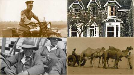 Clocwedd o'r top ochr chwith: T E Lawrence © Llyfrgell Bodleian, Rhydychen; Snowdon Lodge Tremadog; llun wedi ei gyfrannu gan Graham Cathcart yn yr anialwch; llun ohonno wedi ei gyfrannu gan Graham Cathcart (gyda ffon)