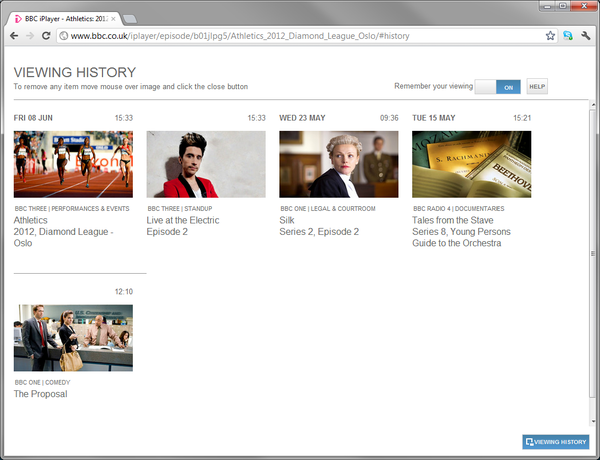 alt screenshot of the viewing history screen on the iPlayer