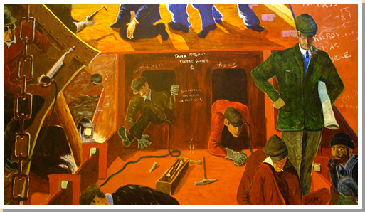 Part of a mural showing two men working inside the hull of a ship. 