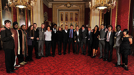 Goldie's Band - By Royal Appointment. L-R: Will, Jasdeep, Shahid, Finn, Sean, Jack, Afrika, Soweto Kinch, Cerys Matthews, Goldie, Prince Harry, Steve Abbott, Lester, Guy Chambers, Ms Dynamite, Theone, Vahan, Kwabena and Natalie.