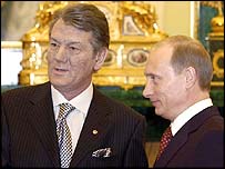 Президенти Ющенко і Путін під час попередньої зустрічі
