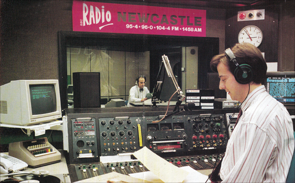 Radio Newcastle promotional picture from 1988. Chris Jackson in foreground of Radio Newcastle Studio, Colin Briggs at back