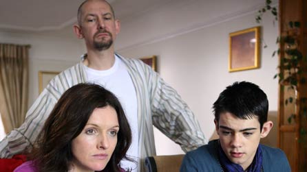 L-R: Dervla Kerwin plays Becky, Ian Hart plays Jake and Jack McMullen plays Daniel. Image credit: BBC/LA Productions