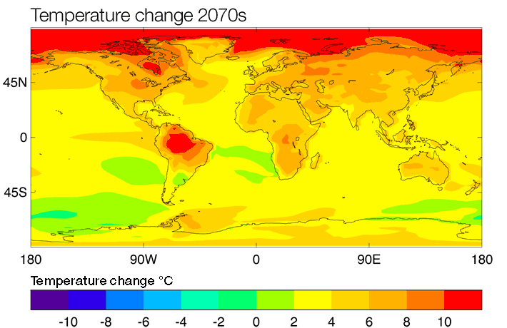 Global temperatures in the 2070s