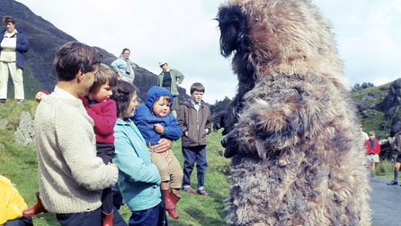 Reg Whitehead as The Yeti meeting Gwynedd locals during the filming of the Doctor Who: The Abominable Snowmen