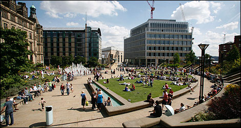 Sheffield Peace Gardens in summer