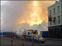 The Cutty Sark ablaze