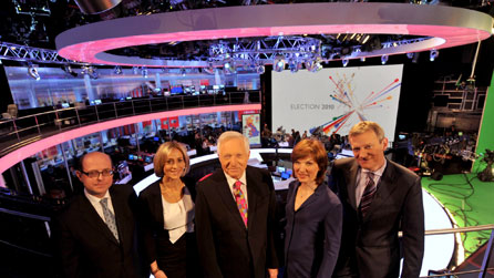 General Election 2010 presenting team. L-R: Fiona Bruce, Nick Robinson, Jeremy Paxman, David Dimbleby, Emily Maitliss and Jeremy Vine