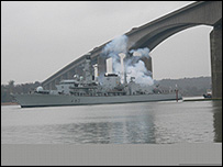 HMS Grafton salute under the Orwell Bridge