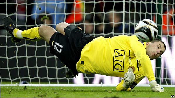 Ben Foster saves a penalty during the Carling Cup final
