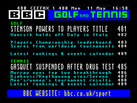 Ceefax's Golf and Tennis menu