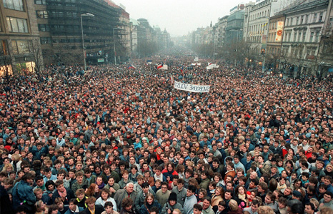 1989, crowds gather in the streets of Prague to take part in the 'Velvet Revolution'.