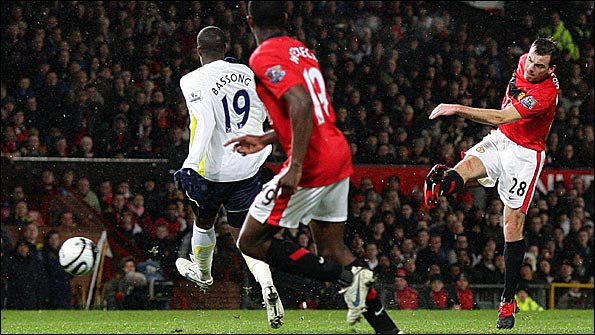 Darron Gibson hits the first of his two goals against Spurs
