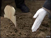 Imámova ruka v rukavici během pohřbu