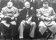 Photograph showing Winston Churchill, Roosevelt and Stalin sitting together