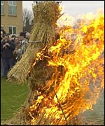 The Whittlesea Straw Bear on fire