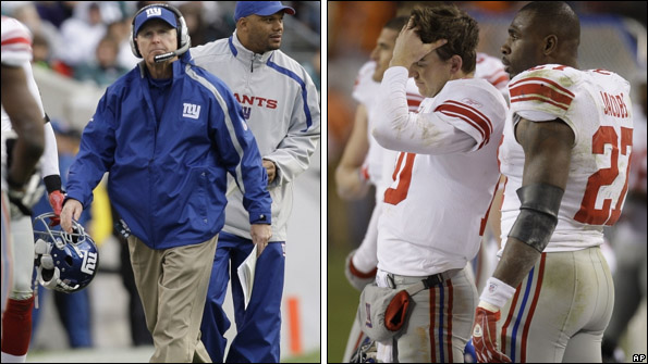 Giants coach Tom Coughlin has been let down by Eli Manning and Brandon Jacobs this season