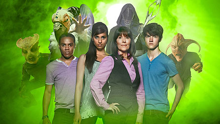 Background L-R Androvax, Shansheeth, Dark Hoard and the Graske. Foreground L-R Clyde (Daniel Anthony), Rani (Anjli Mohindra), Sarah Jane (Elisabeth Sladen) and Luke (Tommy Knight)