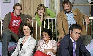 The World According To Bex: Oliver Chris as Ryan, Jessica Stevenson as Bex, Clive Russell as Jack, Raquel Cassidy as Chris, Zita Sattar as Jan and Greg Wise as Charles