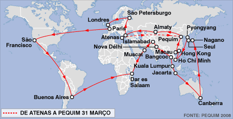 Mapa do percurso da tocha olímpica
