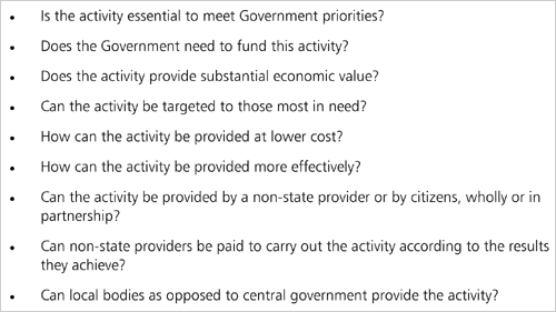 Is the activity essential to meet Government priorities? Does the Government need to fund this activity? Does the activity provide substantial economic value? Can the activity be targeted to those most in need? How can the activity be provided at lower cost? How can the activity be provided more effectively? Can the activity be provided by a non-state provider or by citizens, wholly or in partnership? Can non-state providers be paid to carry out the activity according to the results they achieve? Can local bodies as opposed to central government provide the activity?