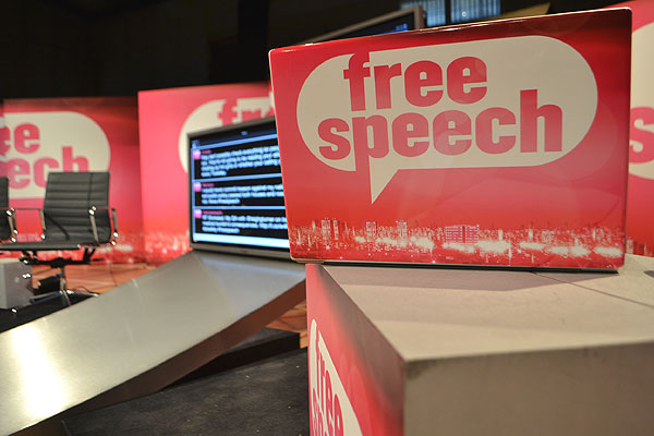 On set at Free Speech