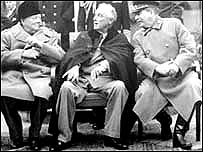 Jaltská konference: Churchill, Roosevelt a Stalin. Únor 1945