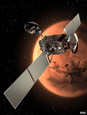 The landing platform will be carried to Mars inside its conical entry shell. The structure will be attached to the side of an orbiter that will study atmospheric gases 