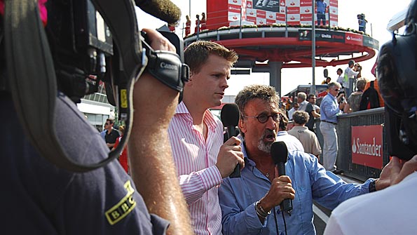 Jake Humphrey and Eddie Jordan on air during the Italian Grand Prix programme