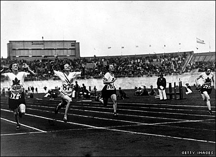 America's Betty Robinson (left) wins the first women's gold medal on the track at the 1928 Games in Amsterdam