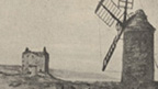 Black and white sketch view across bay tower house beyond. To the left stands a tower windmill.