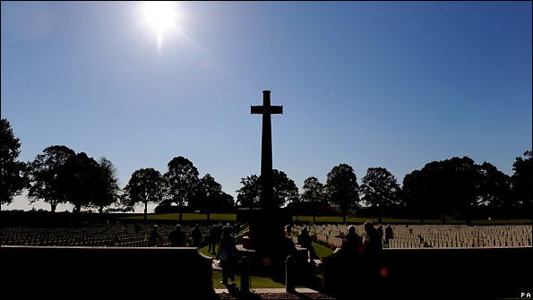 The sun shining over the cemetary in Longueval.