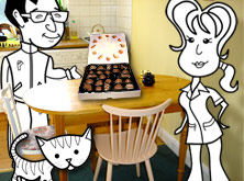 Khalid, Alice and Kitty in the kitchen with a box of chocolates