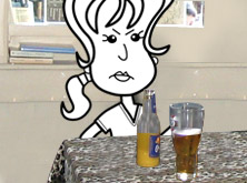 Alice sitting at a table in a pub