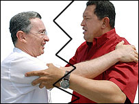Os presidentes da Colômbia, Álvaro Uribe, e da Venezuela, Hugo Chávez