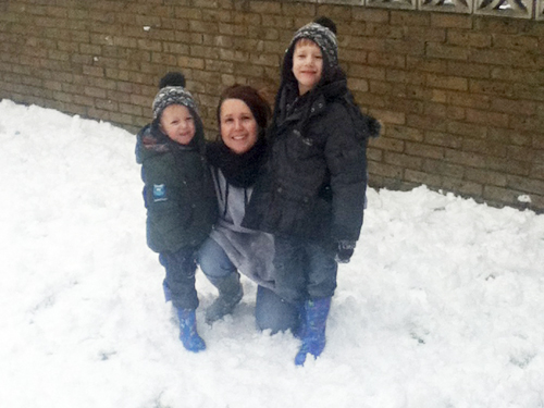 Dylan and Jake Beadle in the snow with mum Tracy