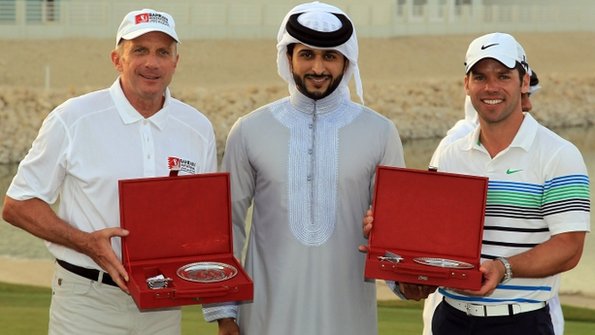 Joe Montana, Sheikh Nasser Bin Hamad al Khalifa and Paul Casey